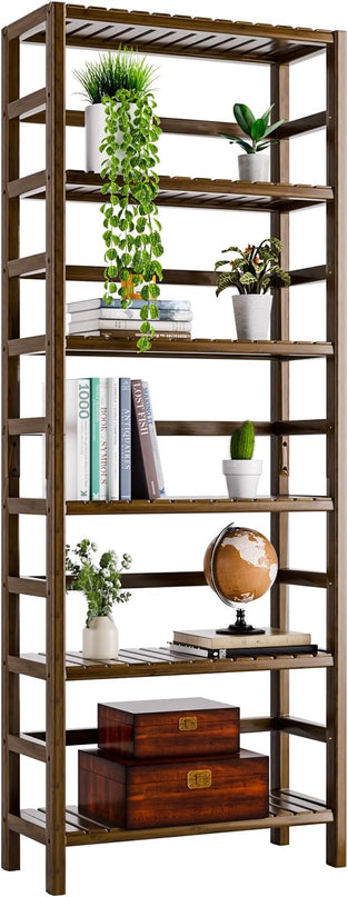 Bookcase, Bamboo Bookshelf, 6-Tier Adjustable Tall Open Book Shelf, Free Standing Storage Shelves Organizer, Flower Plant Display Stand, Walnut - LeafyLoom