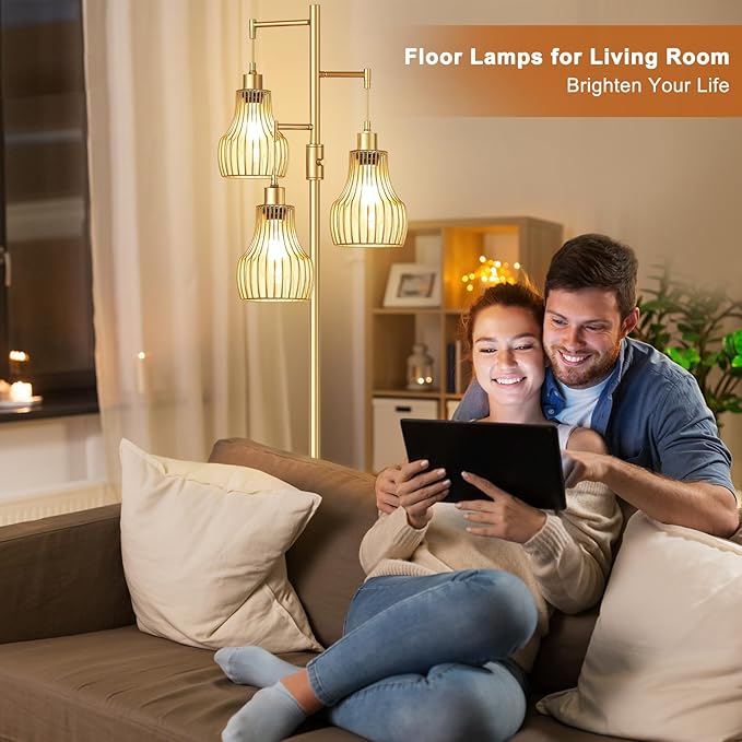Dimmable Gold Floor Lamps for Living Room, Industrial Tree Standing Tall Lamps with 3 Elegant Cage Shade & 800 Lumens LED Bulbs for Bedroom Office - LeafyLoom