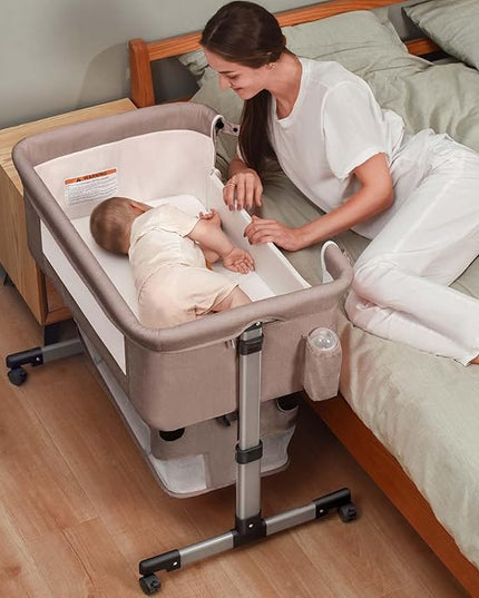 Baby Crib,3 in 1 Bedside Crib Adjustable Portable Bed for Infant,Baby Bassinet Baby Newborn Must Have Bed, Khaki - LeafyLoom