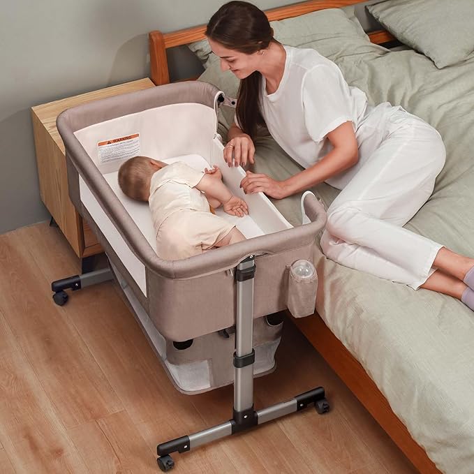 Baby Crib,3 in 1 Bedside Crib Adjustable Portable Bed for Infant,Baby Bassinet Baby Newborn Must Have Bed, Khaki - LeafyLoom
