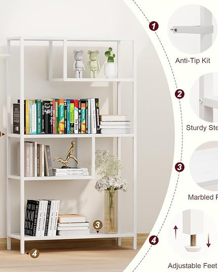 HOME BI Geometric Bookshelf, Tall Modern Etagere Bookcase, Industrial Metal Book Shelf with 5 Open Display Shelves for Office Living Room, White - LeafyLoom