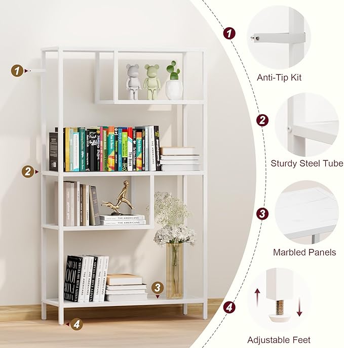 HOME BI Geometric Bookshelf, Tall Modern Etagere Bookcase, Industrial Metal Book Shelf with 5 Open Display Shelves for Office Living Room, White - LeafyLoom