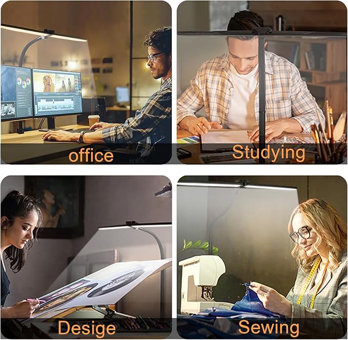 LED Desk Lamp for Office Home, Eye Caring Architect Desk Light with Clamp & Remote Control, Double Head 24W Bright Gooseneck Table Lamp for Dual Screen Computer Monitor Office Lighting Reading Study - LeafyLoom