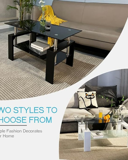 Living Room Rectangle Coffee Table, Tea Table Suitable for Waiting Room, Modern Side Coffee Table with Wooden Leg, Glass Tabletop with Lower Shelf, 39.5D x 23.5W x 17.5H in, Black - LeafyLoom