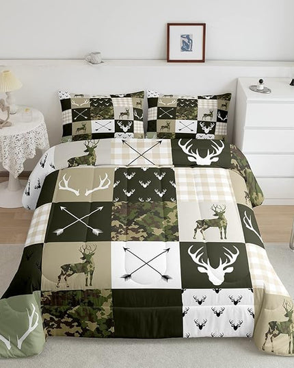 Antler Silhouette Kids Comforter Set Queen Size,Camo Green Rustic Bedding Set,Girls Boys Adults Bedroom/Xmas Decor,Geometric Plaid Patchwork Down Comforter,Arrows Boho Duvet Insert,3pcs,2 Pillowcases - LeafyLoom