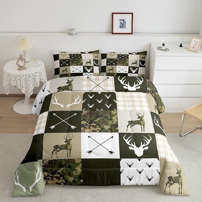 Antler Silhouette Kids Comforter Set Queen Size,Camo Green Rustic Bedding Set,Girls Boys Adults Bedroom/Xmas Decor,Geometric Plaid Patchwork Down Comforter,Arrows Boho Duvet Insert,3pcs,2 Pillowcases - LeafyLoom