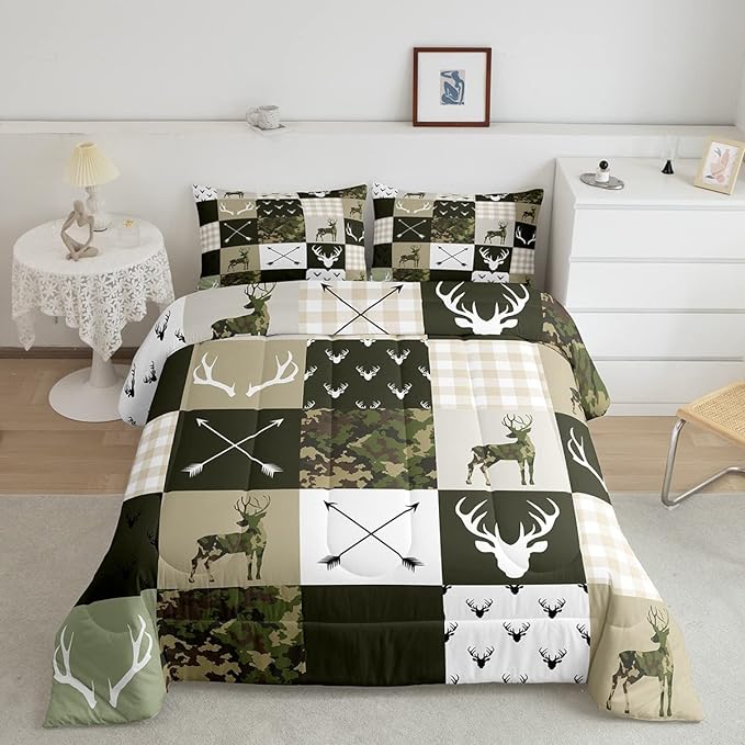 Camo Deer Kids Comforter Set Full Size,Deer Antlers Rustic Hunting Arrows Bedding Set,Girls Boys Adults Cabin Decor,Geometric Plaids Patchwork Down Comforter,Camo Country Duvet Insert,2 Pillowcases - LeafyLoom
