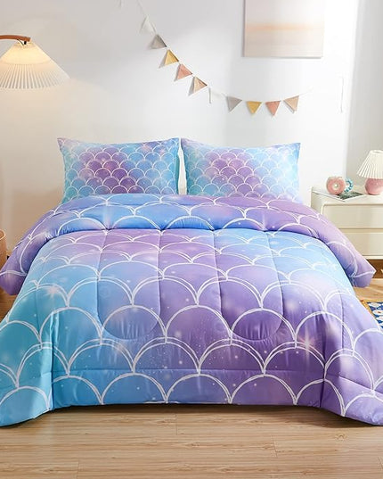 beeweed 3 Piece Kid Comforter Set Queen Size, Colorful Scale Bedding Set for Teen Boys Girls - LeafyLoom