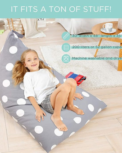 Aubliss Stuffed Animal Storage Bean Bag Chair Cover, 50"x 35" Extra Large Bean Bags for Kids & Adults, Beanbag Toy Storage for Boys Girls - Premium Cotton Canvas Grey Dot - LeafyLoom