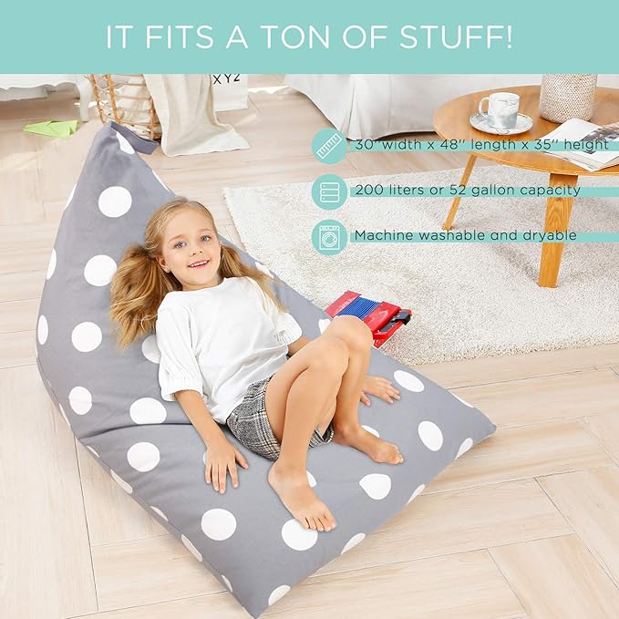 Aubliss Stuffed Animal Storage Bean Bag Chair Cover, 50"x 35" Extra Large Bean Bags for Kids & Adults, Beanbag Toy Storage for Boys Girls - Premium Cotton Canvas Grey Dot - LeafyLoom
