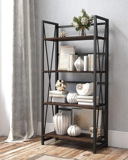 WOOD&LIFE 4 Tier Folding Bookshelf, Easily Assembled Bookcase Industrial Freestanding Multifunctional Decorative Storage Shelf, Rustic Vintage Wooden Metal Bookcase for Living Room Home Office - LeafyLoom