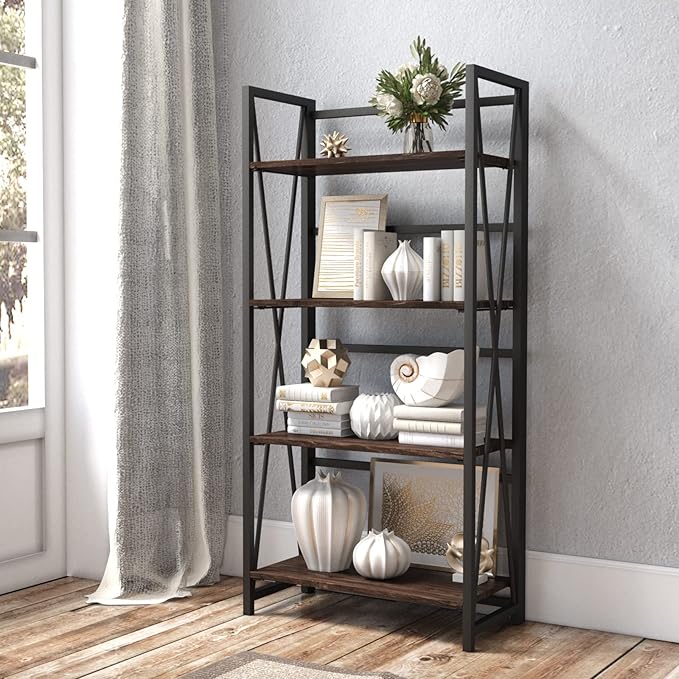 WOOD&LIFE 4 Tier Folding Bookshelf, Easily Assembled Bookcase Industrial Freestanding Multifunctional Decorative Storage Shelf, Rustic Vintage Wooden Metal Bookcase for Living Room Home Office - LeafyLoom