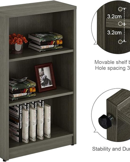 3 Shelf Wood Bookcase Freestanding Display Shelf Adjustable Layers Bookshelf for Home Office Library Small Narrow Space(Grey, 3-Layers,24.4W x 11.6D x 44.1H inch) - LeafyLoom