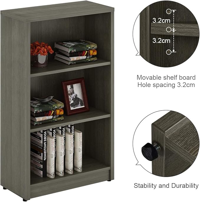 3 Shelf Wood Bookcase Freestanding Display Shelf Adjustable Layers Bookshelf for Home Office Library Small Narrow Space(Grey, 3-Layers,24.4W x 11.6D x 44.1H inch) - LeafyLoom