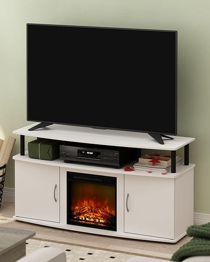 Furinno Jensen Living Room Fireplace TV Entertainment Center with Doors Storage Cabinet for TV up to 55 Inch, Solid White/Black - LeafyLoom