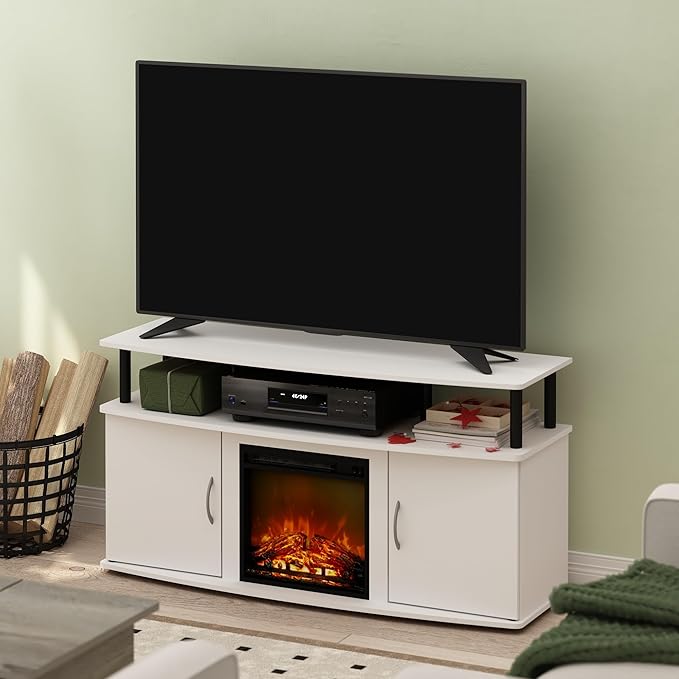 Furinno Jensen Living Room Fireplace TV Entertainment Center with Doors Storage Cabinet for TV up to 55 Inch, Solid White/Black - LeafyLoom