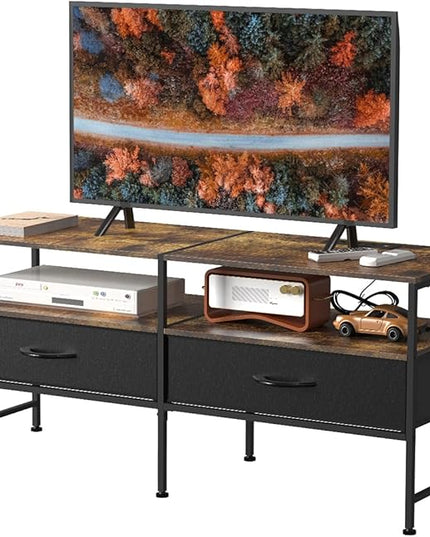 HEOMU Industrial TV Stand for 50 Inch Television Cabinet 3-Tier Console Table with Fabric Drawer, Entertainment Center Media Console Metal Frame for Living Room, Bedroom, Rustic Brown - LeafyLoom