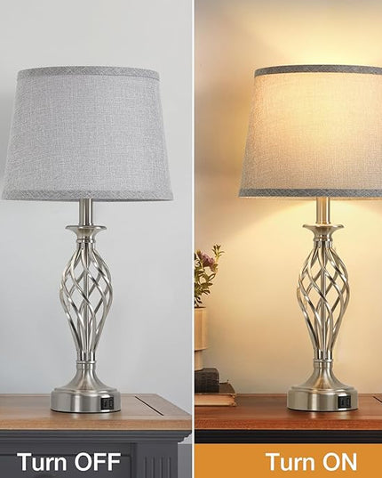 Nightstand Table Lamps for Bedrooms Set of 2 with USB C+A, Bedside Lamps with Spiral Cage Base, Tall Living Room Lamps for End Tables, Modern Night Stand Lamps for Bed Side Guest Room Bulbs Included - LeafyLoom
