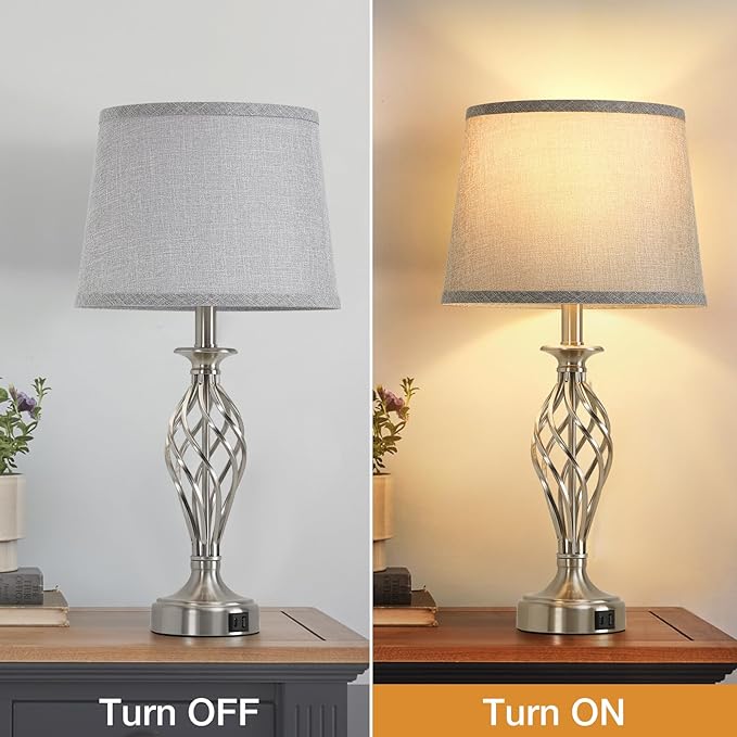 Nightstand Table Lamps for Bedrooms Set of 2 with USB C+A, Bedside Lamps with Spiral Cage Base, Tall Living Room Lamps for End Tables, Modern Night Stand Lamps for Bed Side Guest Room Bulbs Included - LeafyLoom