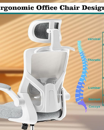 Ergonomic Office Chair, High Back Mesh Desk Chair with Thick Molded Foam Cushion, Coat Hanger, Adjustable Headrest, Lumbar Support, Tilt & Lock Function - Computer Chair (Light Grey) - LeafyLoom