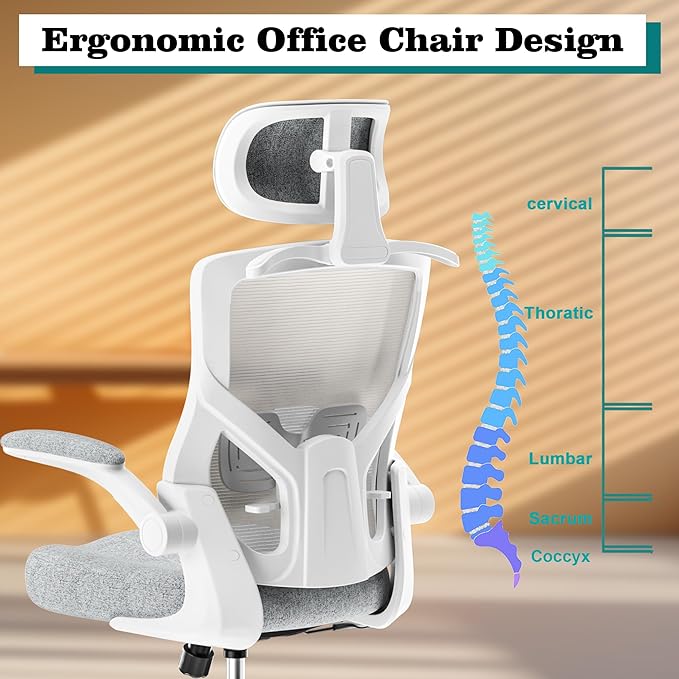 Ergonomic Office Chair, High Back Mesh Desk Chair with Thick Molded Foam Cushion, Coat Hanger, Adjustable Headrest, Lumbar Support, Tilt & Lock Function - Computer Chair (Light Grey) - LeafyLoom