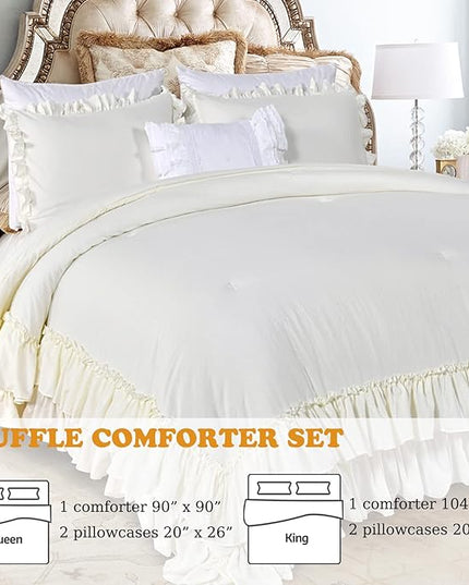Shabby King Size Comforter Set, Farmhouse Ivory Bedding Ruffled Comforter Set King,Lightweight Vintage Rustic Bedding 3 Pcs (1 Shabby Comforter and 2 Pillowcases) - LeafyLoom
