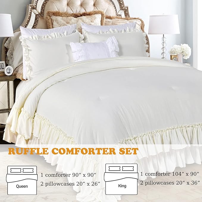 Shabby King Size Comforter Set, Farmhouse Ivory Bedding Ruffled Comforter Set King,Lightweight Vintage Rustic Bedding 3 Pcs (1 Shabby Comforter and 2 Pillowcases) - LeafyLoom