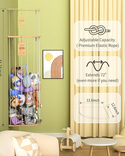 Stuffed Animal Storage for Plushie Toys - Large Wood Corner Hanging Pet Storage with Sky Pattern, Length Adjustable Toy Organizer Shelf for Nursery Play Room Bedroom Kid Room - LeafyLoom