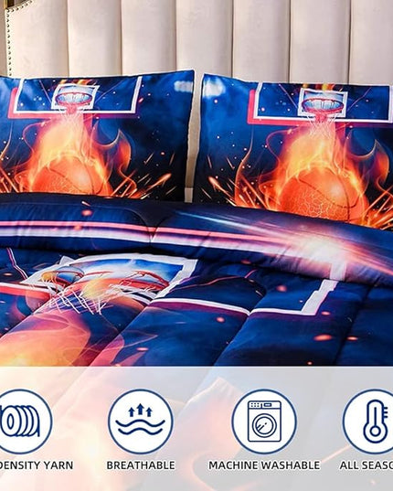 Btargot Basketball Fire Court Comforter Sets Full for Boys Teens,3D Sports Bedding,Soft Microfiber Reversible Quilt with 2 Matching Pillow Shams - LeafyLoom