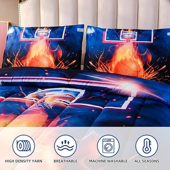 Btargot Basketball Fire Court Comforter Sets Full for Boys Teens,3D Sports Bedding,Soft Microfiber Reversible Quilt with 2 Matching Pillow Shams - LeafyLoom