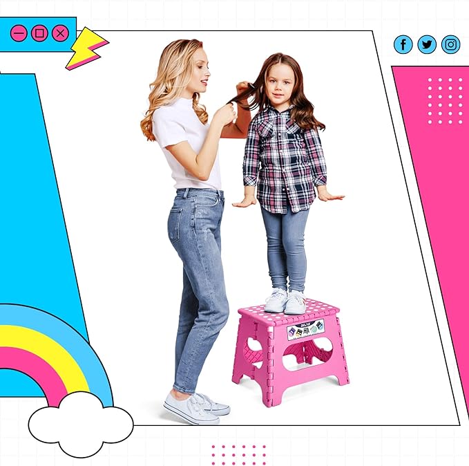 Delxo Folding Step Stool,11 Inch Non-Slip Foldable Step Stools for Kids and Adults,Portable Foldable Step Stool Lightweight Small Folding Stool with Handle for Kitchen Bathroom in Pink,1 Pack - LeafyLoom