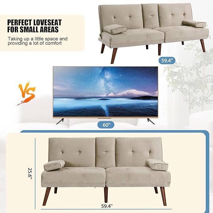 Shintenchi Futon Sofa Bed, Convertible Couch Bed Loveseat, Modern Futon Recliner Sleeper, Small Lazy Futon Set for Living Room, Office, Apartment, Beige - LeafyLoom