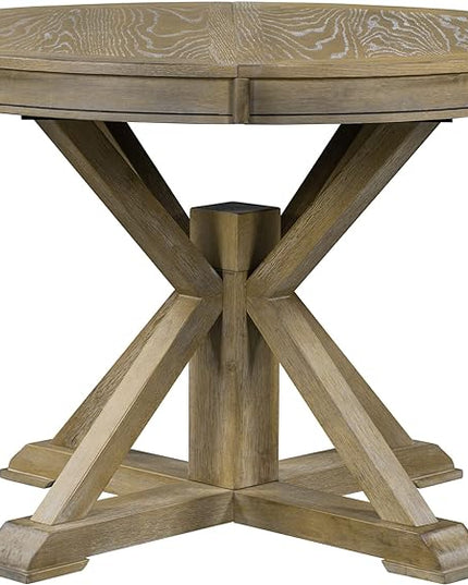 5-Piece Retro Round Dining Set with Extendable Table and 4 Upholstered Chairs for Kitchen, Breakfast Nook, Living Room, Natural Wood Wash, 42"-54" L x 42" W x 30" H - LeafyLoom
