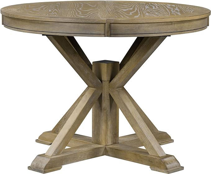 5-Piece Retro Round Dining Set with Extendable Table and 4 Upholstered Chairs for Kitchen, Breakfast Nook, Living Room, Natural Wood Wash, 42"-54" L x 42" W x 30" H - LeafyLoom