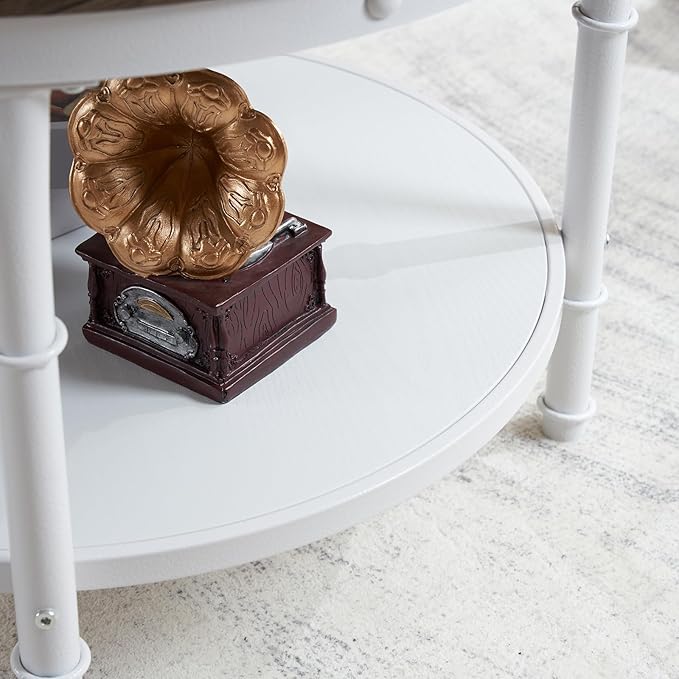 VINGLI 25.6" Dark Walnut White Round Farmhouse Coffee Table, 2-Tier Storage Wood Center Circle Accent Table for Living Room, Bedroom, Apartment, Studio and Small Spaces, Sturdy Metal Frame - LeafyLoom