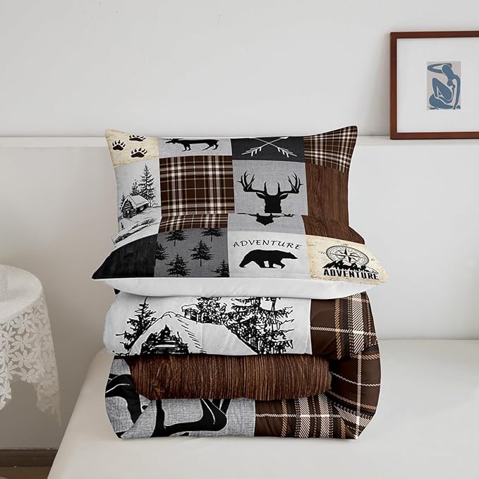 Deer Antler Comforter Set Full Size,Bear Paw Pine Trees Rustic Farmhouse Bedding Set for Boys Girls Adults Room Decor,Geometric Plaids Arrows Down Comforter,Brown Retro Duvet Insert,2 Pillowcases - LeafyLoom