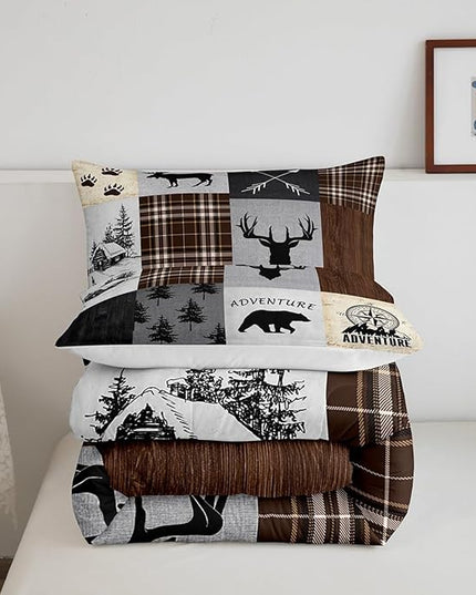 Deer Antler Comforter Set King Size,Bear Paw Pine Trees Rustic Farmhouse Bedding Set for Boys Girls Adults Room Decor,Geometric Plaids Arrows Down Comforter,Brown Retro Duvet Insert,2 Pillowcases - LeafyLoom