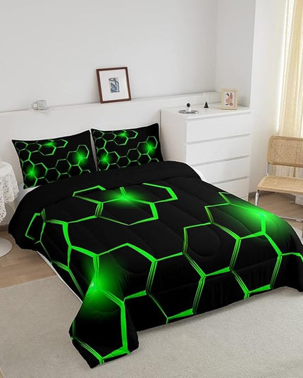 Honeycomb Kids Comforter Set Modern Geometry Hexagon Bedding Set for Boys Children Teens Bedroom Decor Geometrical Comforter Beehive Geometric Black Green Duvet Set Twin Size with 1 Pillow Case - LeafyLoom