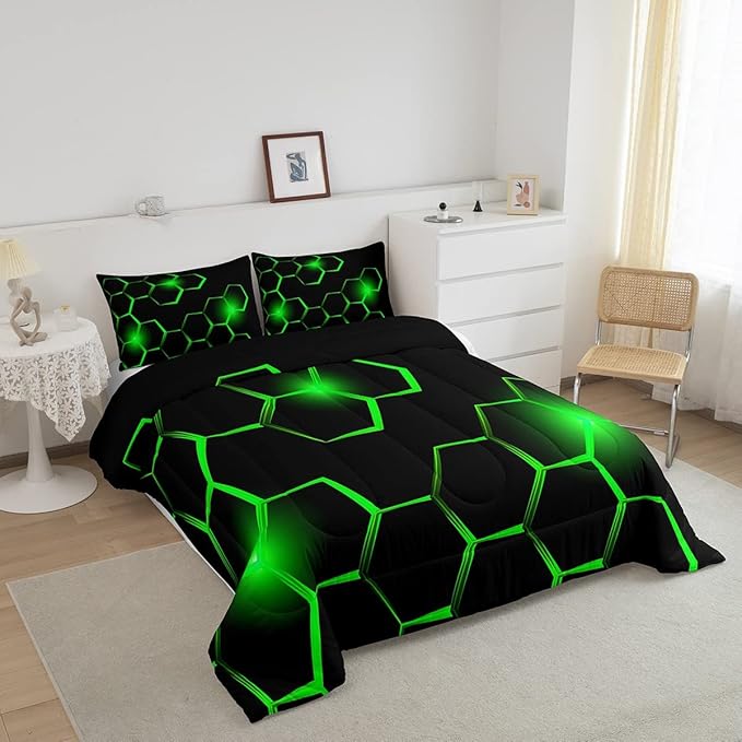 Honeycomb Kids Comforter Set Modern Geometry Hexagon Bedding Set for Boys Teens Decor Geometrical Comforter Beehive Geometric Black Green Duvet Set King Size with 3 Pillow Case Boys - LeafyLoom