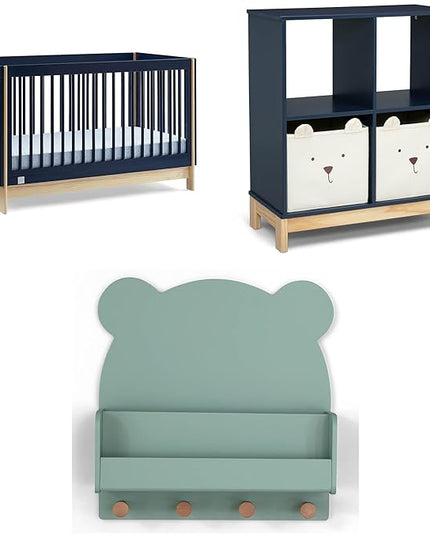 Delta Children babyGap Tate 4-in-1 Convertible Crib + Brannan Bear Bookcase with Bins + Brannan Bear Wall Shelf with 4 Hooks, Navy/Natural (Bundle) - LeafyLoom