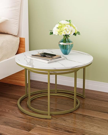 White Nesting Coffee Table Set of 2, 27.6" Round Coffee Table Wooden Marble Pattern with Adjustable Non-Slip Feet, Industrial End Table for Living Room Bedroom Balcony - LeafyLoom