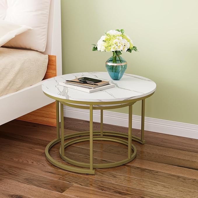 White Nesting Coffee Table Set of 2, 27.6" Round Coffee Table Wooden Marble Pattern with Adjustable Non-Slip Feet, Industrial End Table for Living Room Bedroom Balcony - LeafyLoom