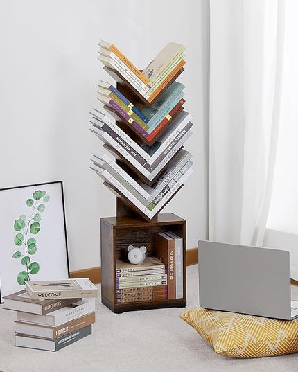 ruboka 5-Shelf Tree Bookshelf with Storage, 37.9-Inch Retro Floor Standing Bookcase Display for CDs/Magazine/Books, Small Bookshelf for Bedroom, Living Room, Office, Brown Storage Shelves - LeafyLoom