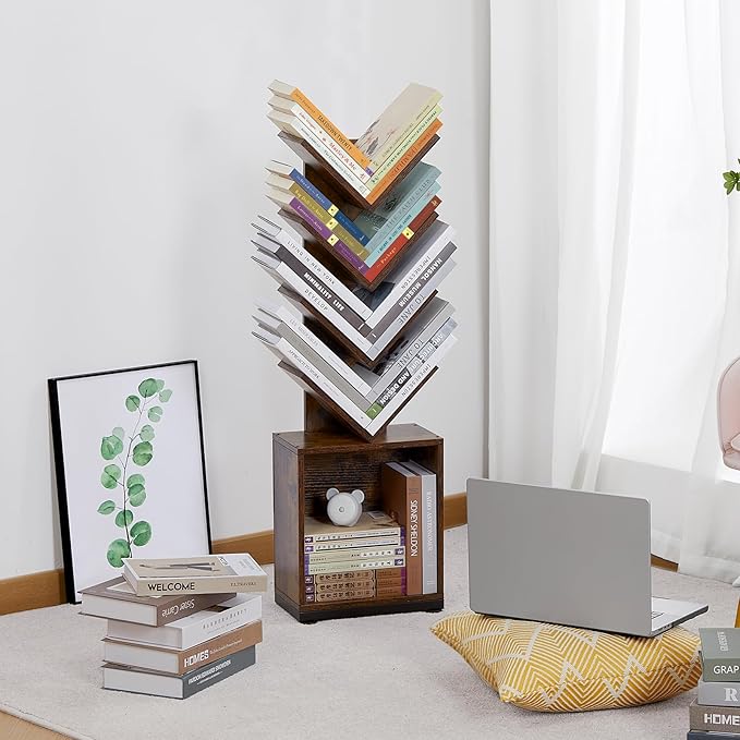 ruboka 5-Shelf Tree Bookshelf with Storage, 37.9-Inch Retro Floor Standing Bookcase Display for CDs/Magazine/Books, Small Bookshelf for Bedroom, Living Room, Office, Brown Storage Shelves - LeafyLoom