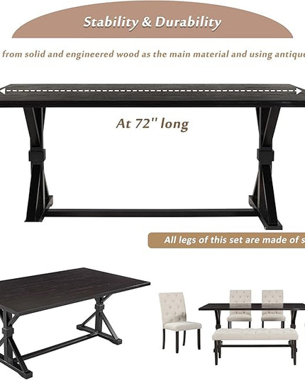 Wood Rectangular Dining Set for 6, includes 1 Table with Cross-Legged Trestle Base, 4 Upholstered High Back Chairs & 1 Bench, Farmhouse Style, Espresso, 72" L x 42" W x 30" H - LeafyLoom