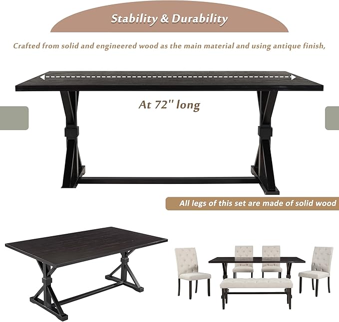 Wood Rectangular Dining Set for 6, includes 1 Table with Cross-Legged Trestle Base, 4 Upholstered High Back Chairs & 1 Bench, Farmhouse Style, Espresso, 72" L x 42" W x 30" H - LeafyLoom