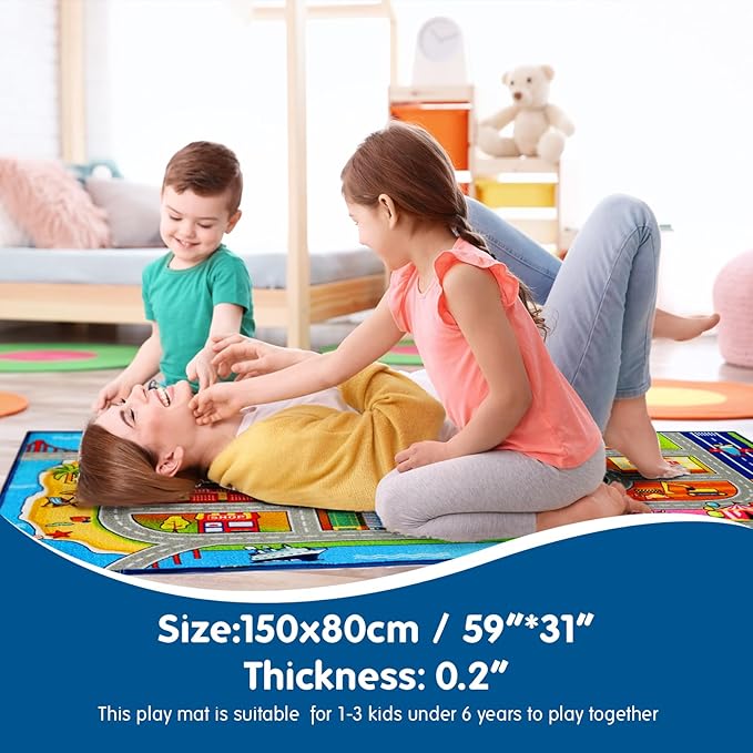 Booooom Jackson Kids Carpet Playmat Rug with 18 Toy Cars Kids Rug for Age 3+ Colorful Non Slip City Rug for Kids Track Rug Play Mat Playroom Bedroom Classroom Nursery Rug - LeafyLoom