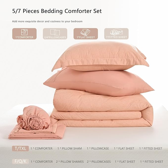 UNILIBRA Full Size Comforter Set - 7 Pieces Bed in a Bag Full Size Orange Soft for All Seasons - Cationic Dyeing Bedding Comforter Sets with Comforter, Flat Sheet, Fitted Sheet, Pillowcases & Shams - LeafyLoom