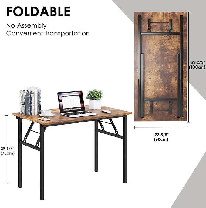 Need Folding Desk for Home Office 39-3/8 inch Length Modern Folding Table Computer Desk No Install Needed Rustic Brown Desktop Black Frame AC5FB(100 * 60) - LeafyLoom