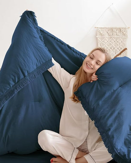 Andency Navy Blue Comforter King Size, 3 Pieces Boho Tassel Lightweight Bedding Comforter Sets for King Bed, All Season Soft Fluffy Fringe Bed Set (104x90In Comforter & 2 Pillowcases) - LeafyLoom